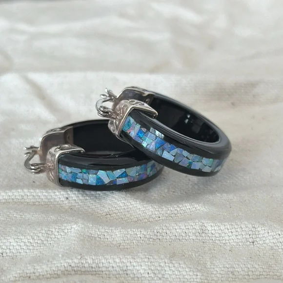 Jay King Black Chalcedony/Blue Opal mosaic Hoop Earrings - Picture 4 of 10